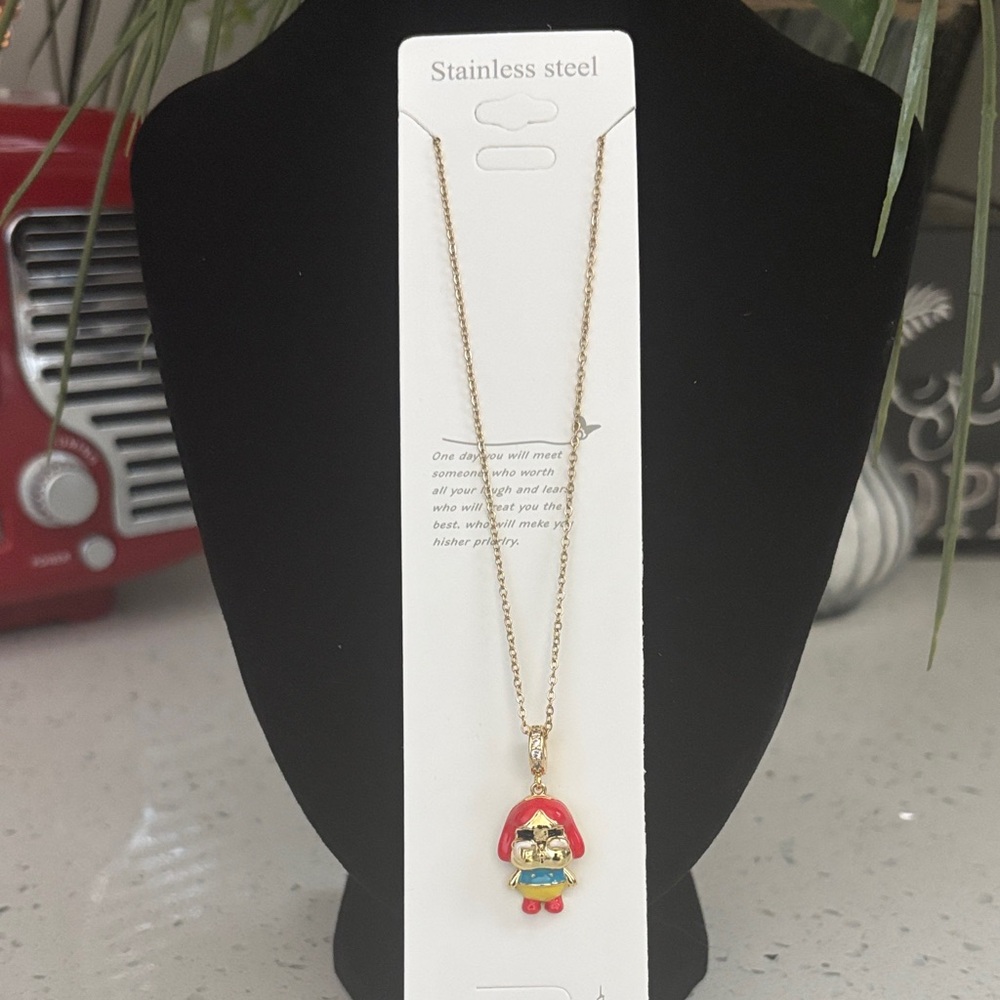 Stainless Steel Gold Tone Necklace with Red Hooded Girl Pendant, NWT